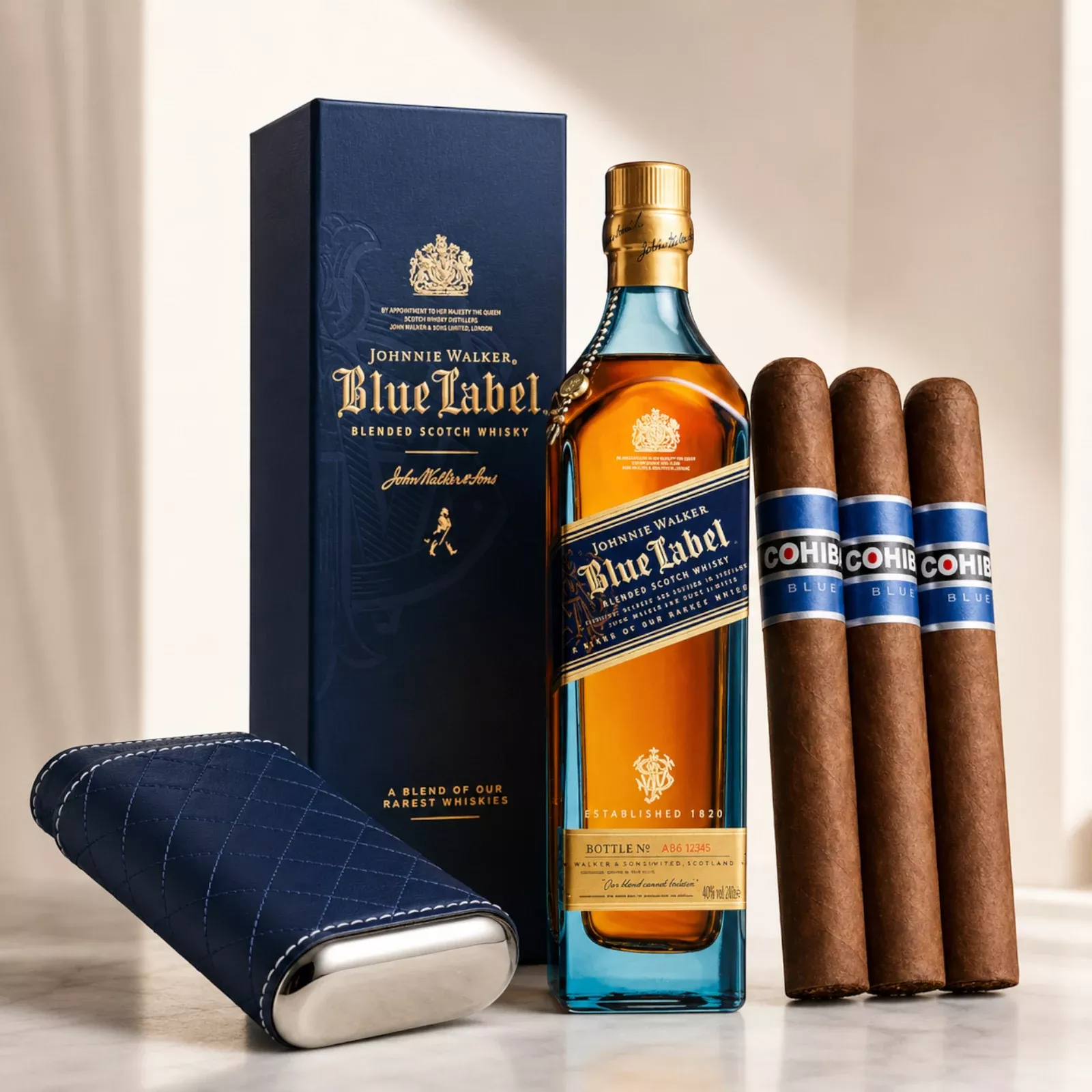Blue Chip Johnnie Walker Blue Label & Cohiba Cigar Gift Set in Leather Case