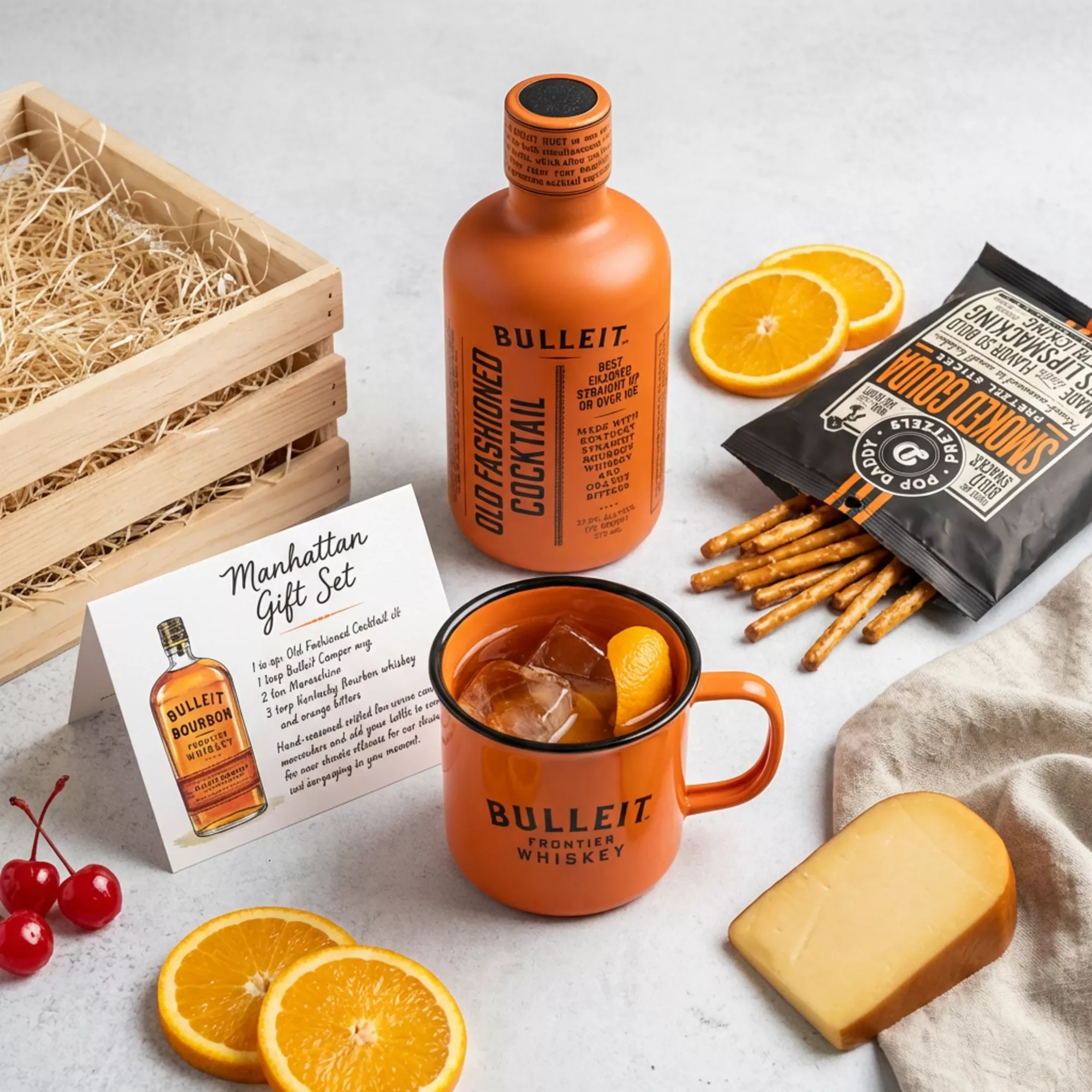 Bulleit Old Fashioned Cocktail Gift Crate with Enamel Mug & Snacks