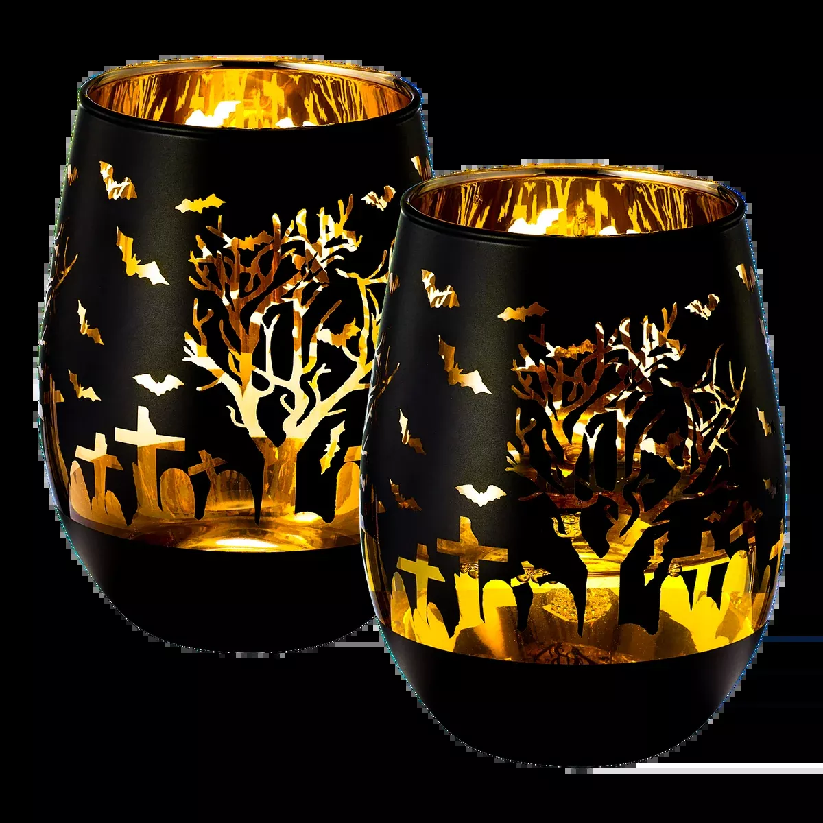 Crystal Halloween Stemless Wine Glass Set Of 2 Themed Vibrant Black Gold Etched Spooky Graveyard Pat