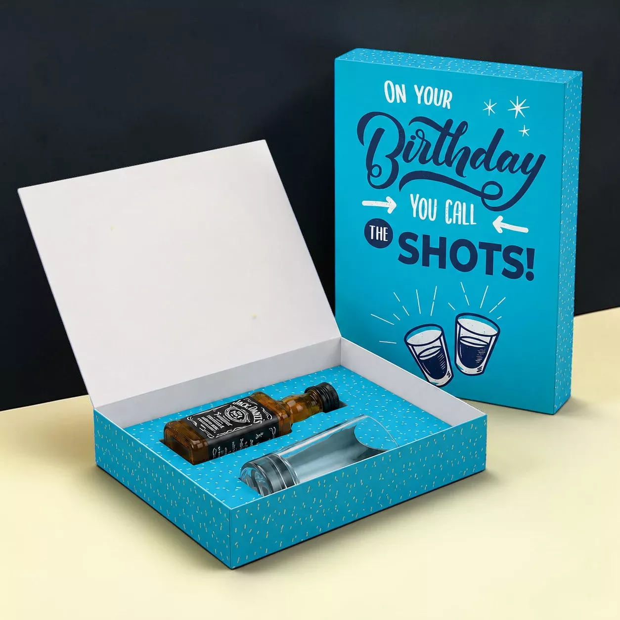 Happy Birthday Drinkable Greeting Card with Mini Liquor bottle and Shot Glass