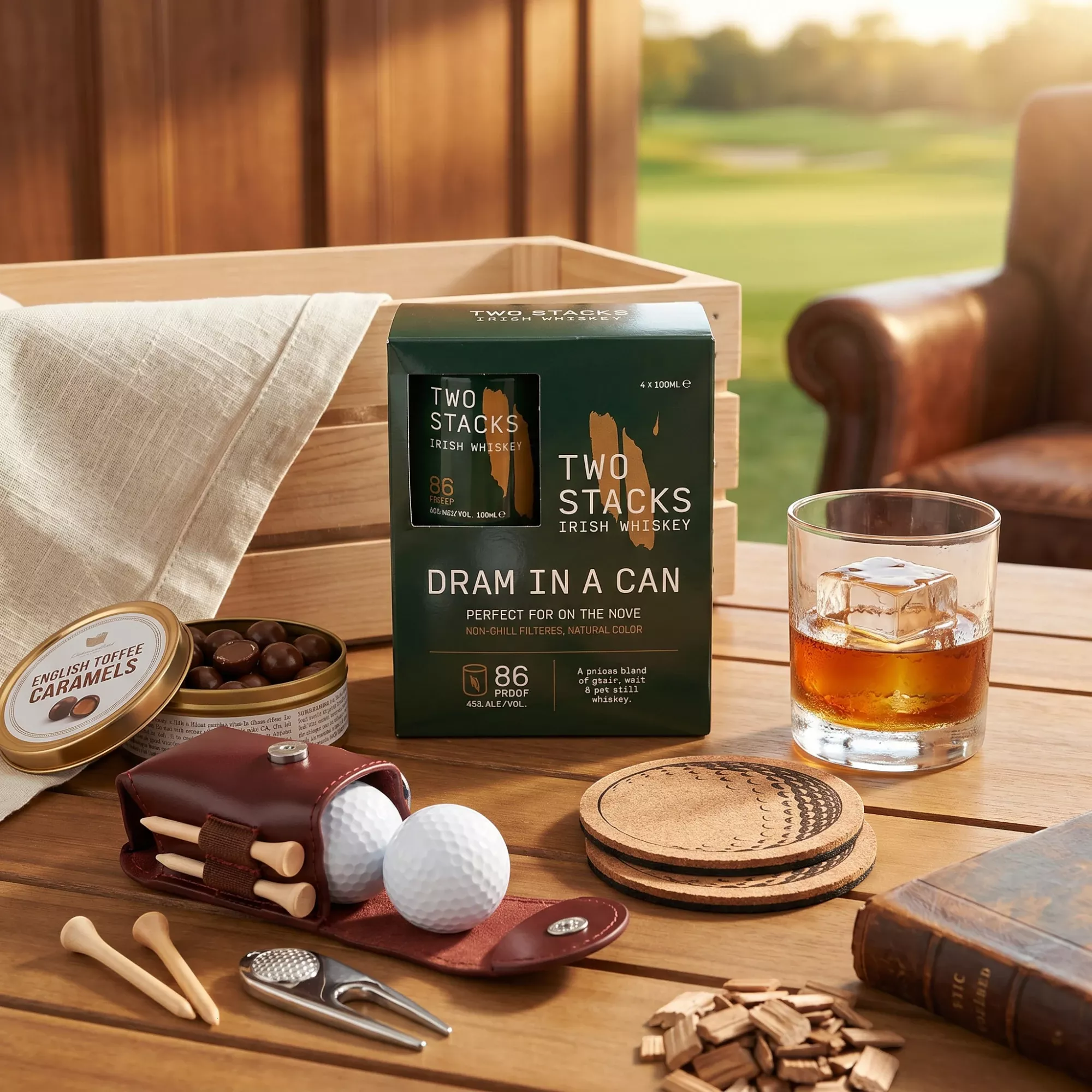 Irish Whiskey and Golf Gift Set with Two Stacks Dram in a Can