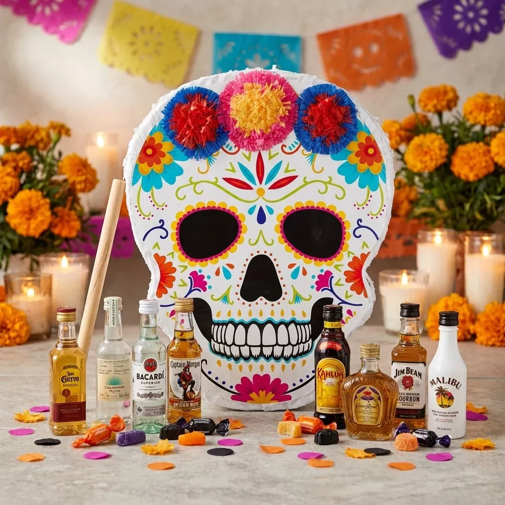 Spooky Skull Shaped Day of the Dead Alcohol Pinata with Minis