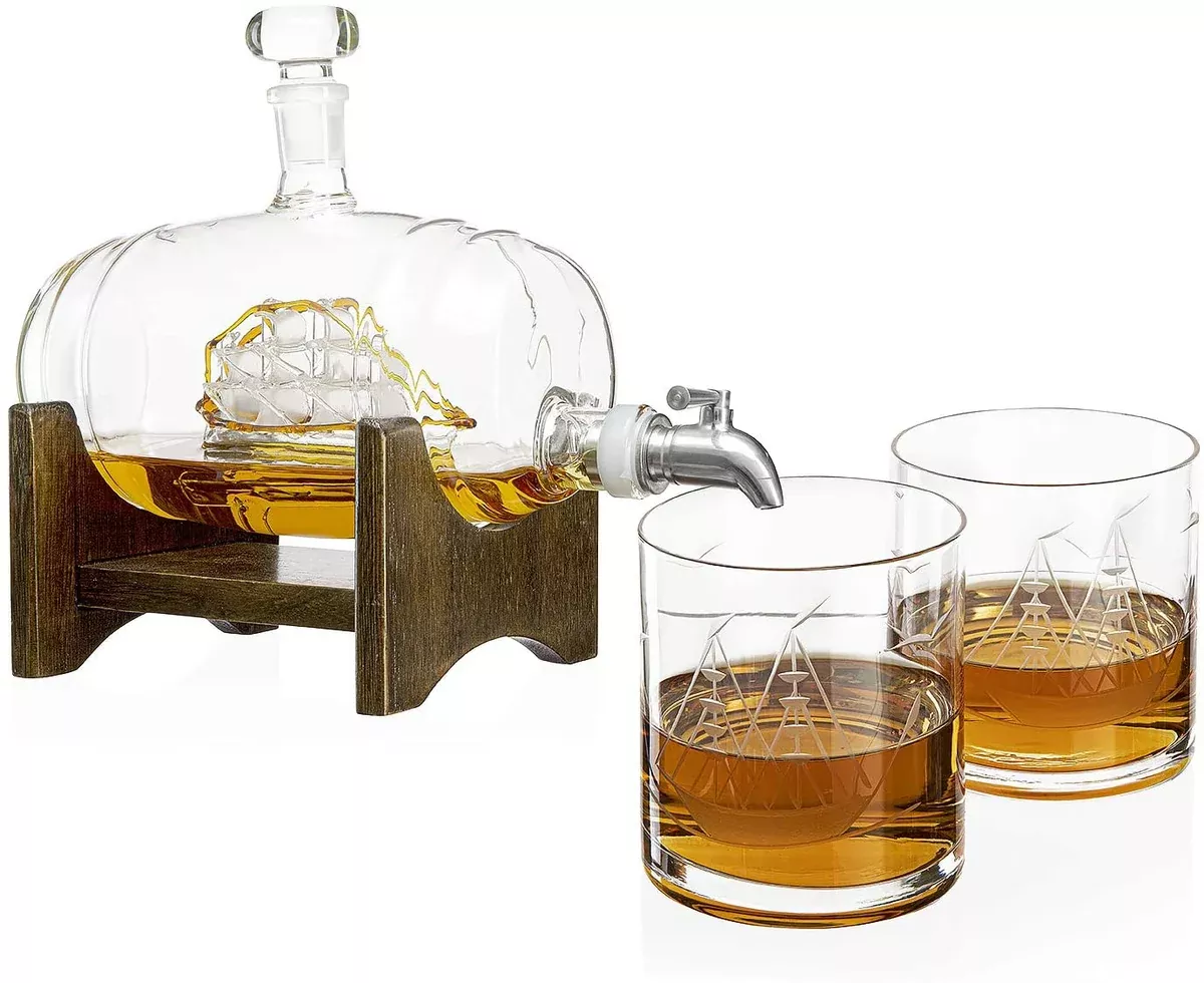 Whiskey Barrel Decanter With Ship Premium Barware Gift Elegant Drinkware Collection