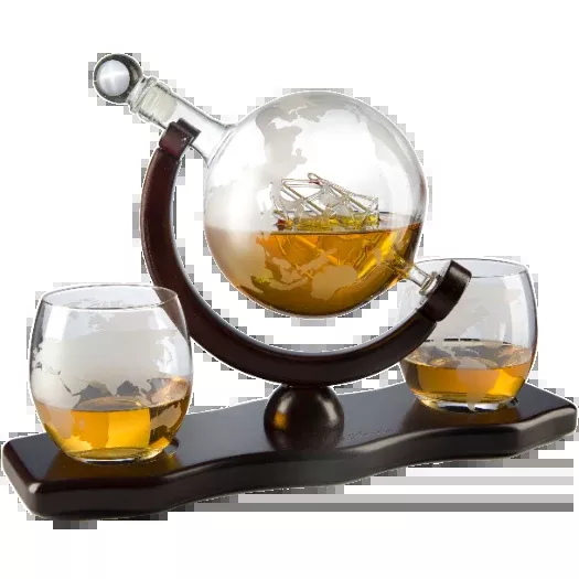 World Decanter With 2 Glasses Globe Premium Barware Gift Elegant Drinkware Collection